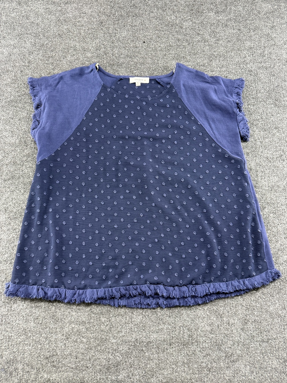 Umgee USA Blouse Womens XL Blue Swiss Dot Fringe Hem Short Sleeve Tunic Top